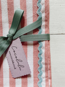 Peach stripe & blue ric-rac napkin set of 2