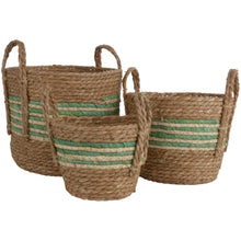 Straw And Corn Basket Green Stripe With Handles
