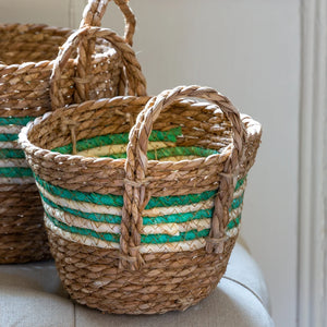 Straw And Corn Basket Green Stripe With Handles